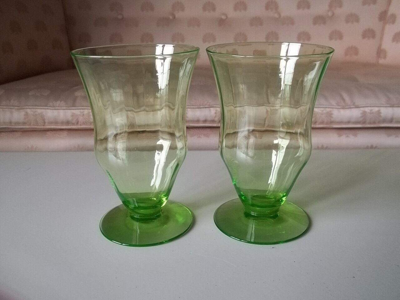 Vtg 2 GREEN VASELINE Depression Optic Verticle WATER GLASSES 8 oz. 4 7/8\