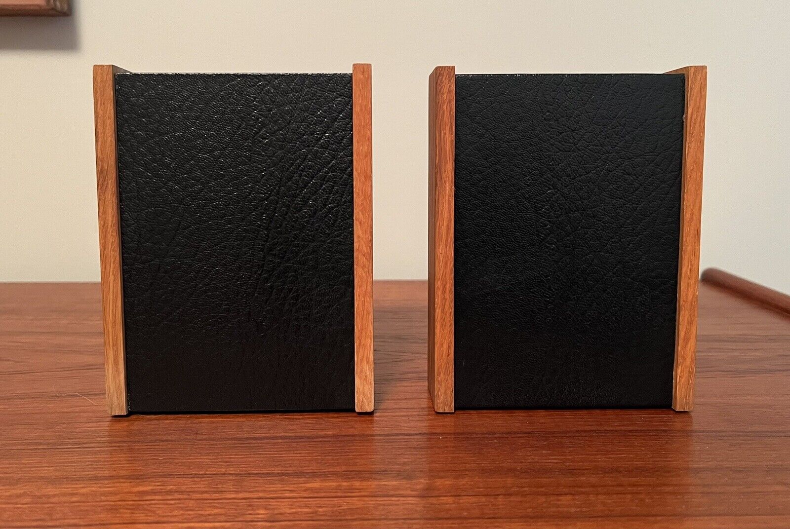 Mid-Century Danish Modern Teak Wood & Black Leather Bookends Minimalist Scandi