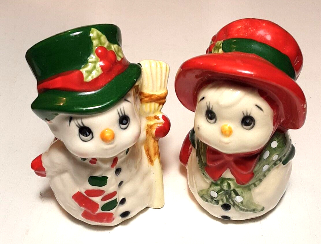 Vintage 1984 Lefton Ceramic Kissing Salt Pepper Shakers Christmas Snowman