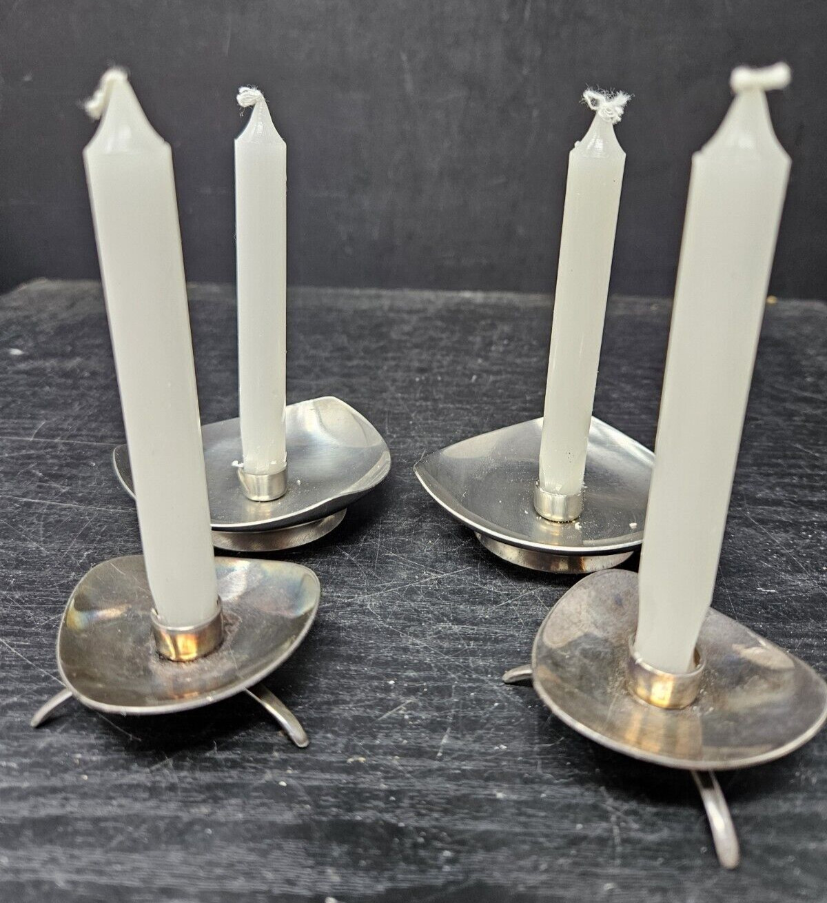 4 Mid Century Modern Denmark Footed Metal Candle Holders w/Candles 2 are Cohr