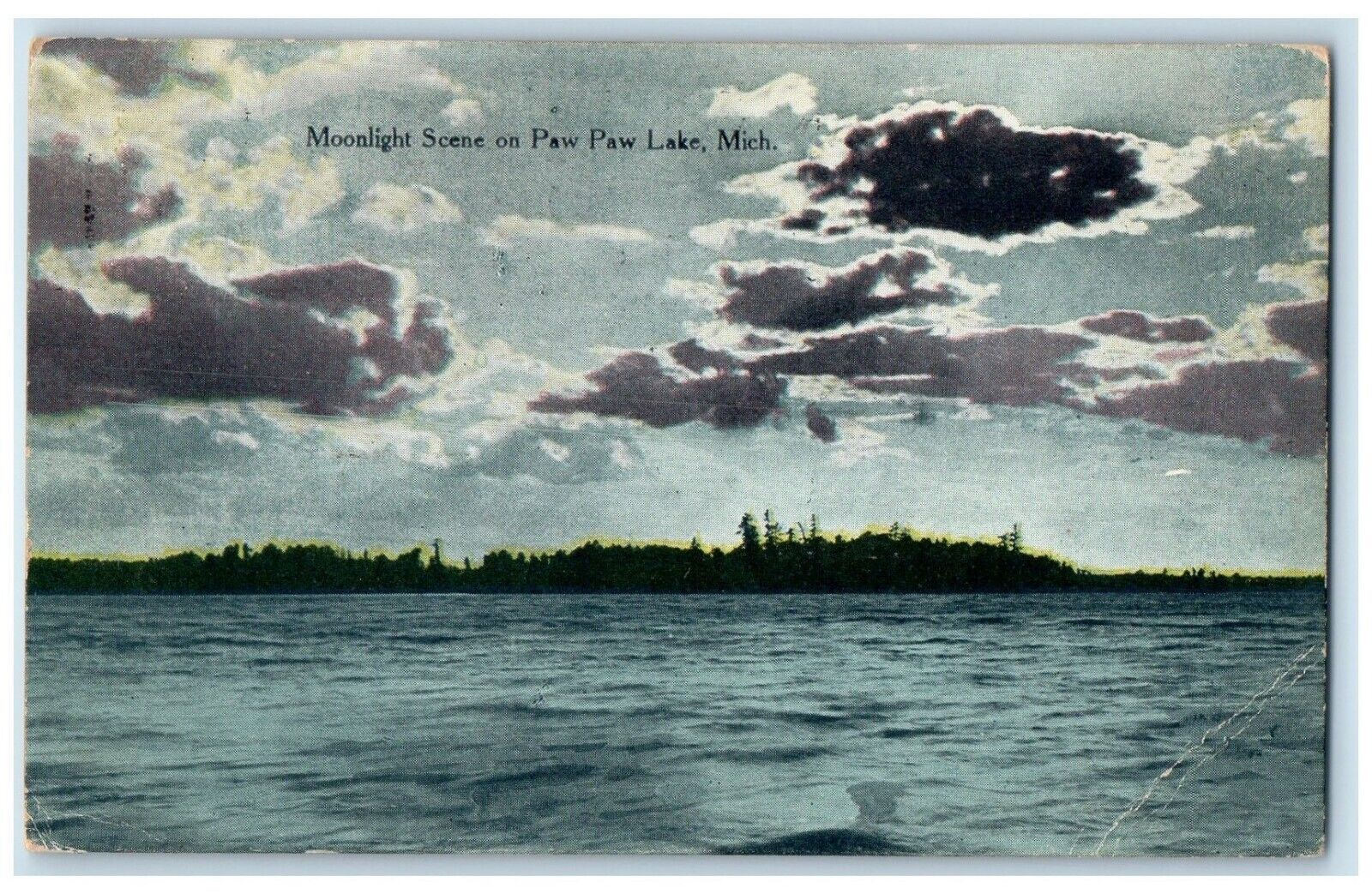 c1910's View Of Moonlight Scene On Paw Paw Lake Coloma Michigan MI Postcard