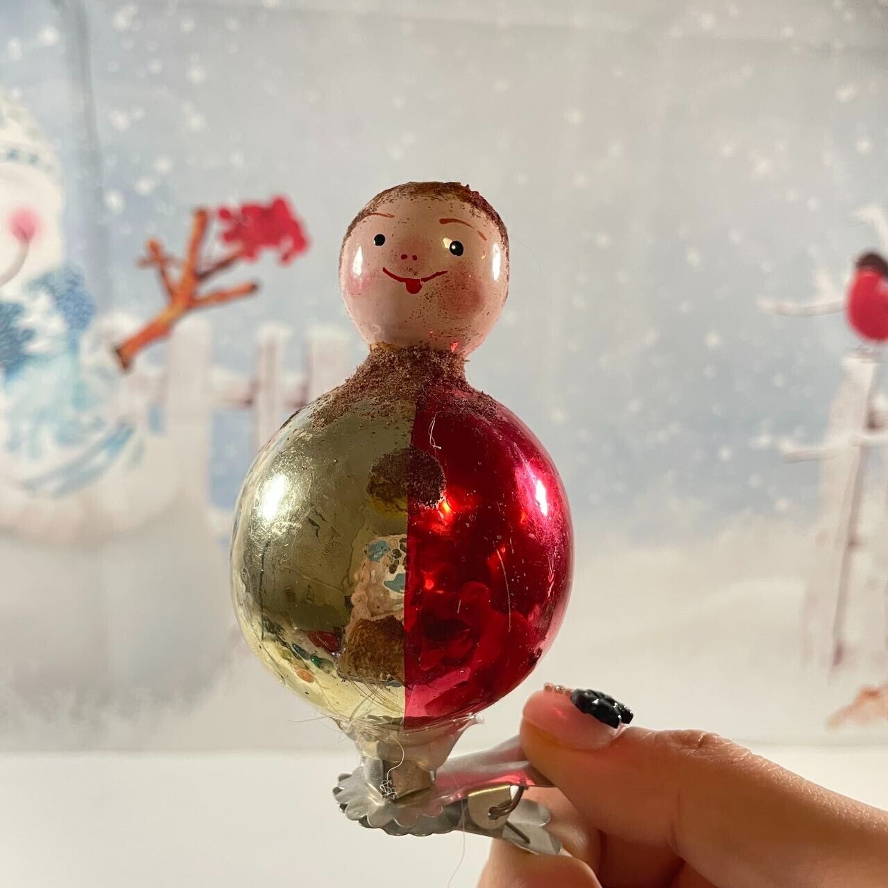 Vintage Blown Glass Christmas Ornament Figurine Little Kid Clip on