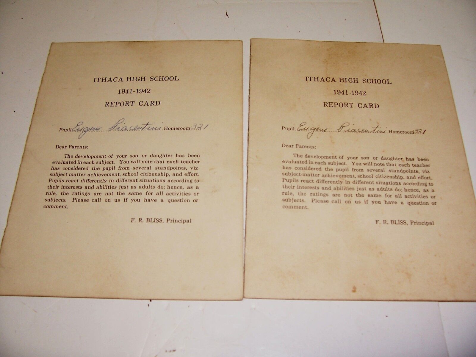 LOT OF 2 VINTAGE SCHOOL YEAR 1941-1942 ITHACA HIGH SCHOOL REPORT CARDS