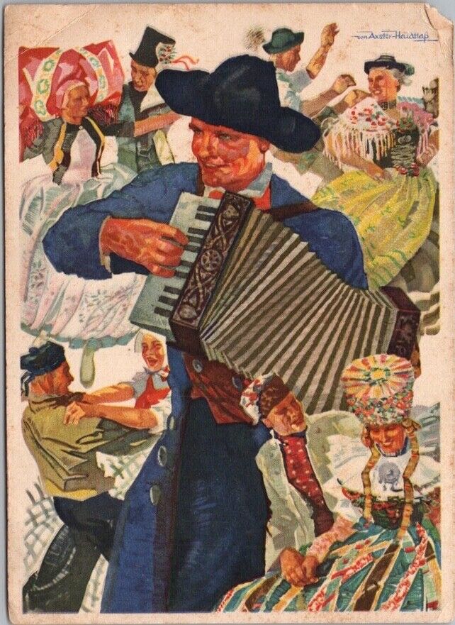 Vintage German Artist-Signed VON AXSTER-HEAUDHLASS Postcard Dancing / Accordion