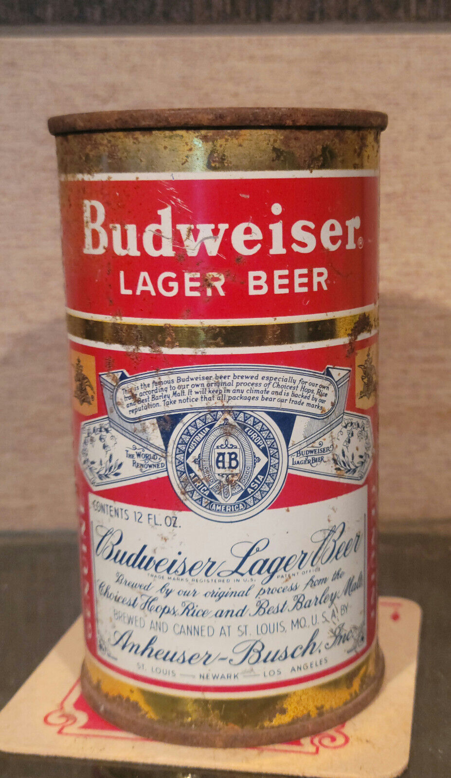 1955 2-SIDED BUDWEISER STEEL FLAT TOP BEER CAN 3 CITY ST LOUIS MISSOURI