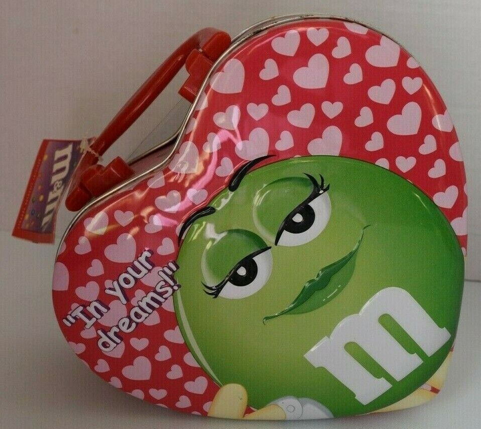 2001 VANENTINES DAY HEART TIN GREEN M&M & RED M&M HEART SHAPED NEW *SEALED* #1