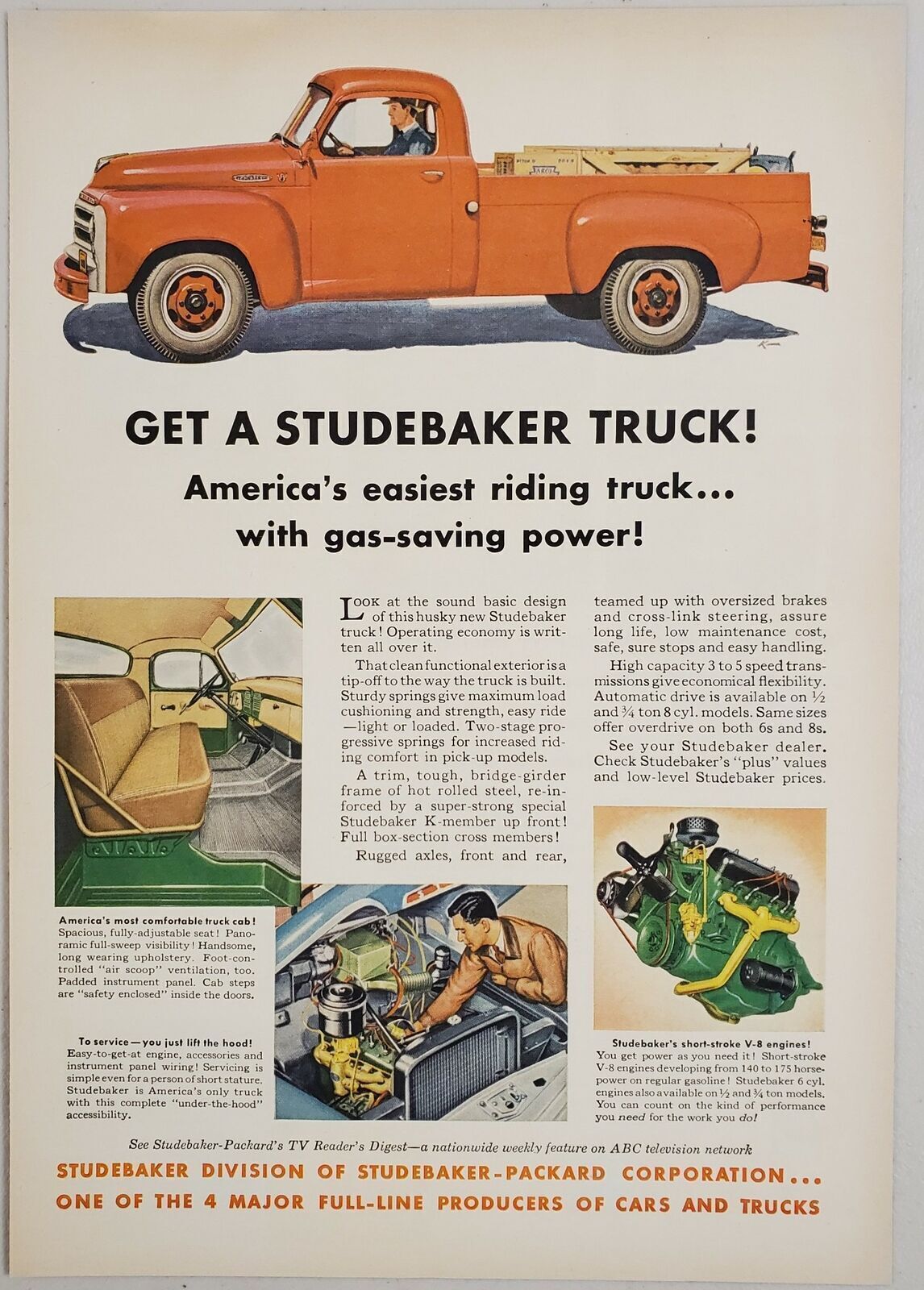 1955 Print Ad Studebaker Pickup Trucks V-8 Engines Comfortable Truck Cab