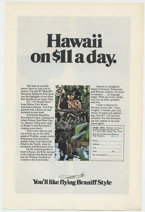 Braniff Style Is Hawaii on $11 a Day 1972 Vintage Ad Airlines