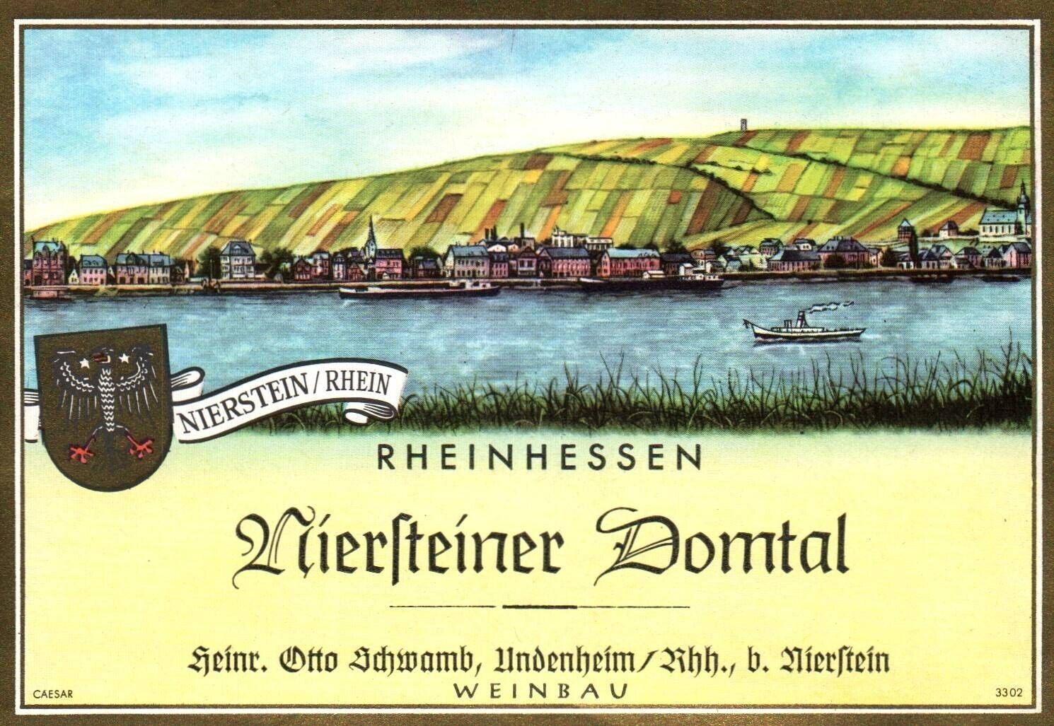 German Wine Label 1950s-60s Vintage Niersteiner Domtal  Rheinhessen River Ship