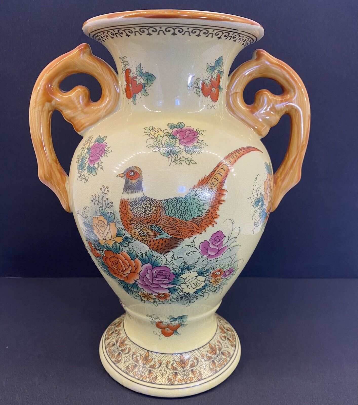 Vintage Pheasant Yellow Double Handled Vase, Chinese