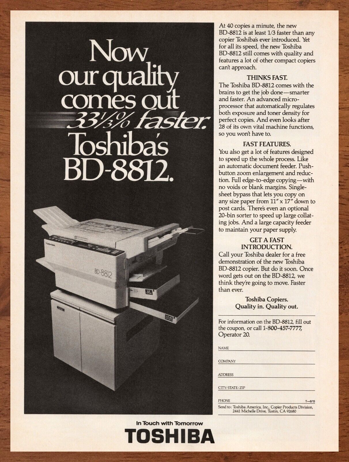1984 Toshiba BD-8812 Copy Machine Vintage Print Ad/Poster Office Copier Pop Art