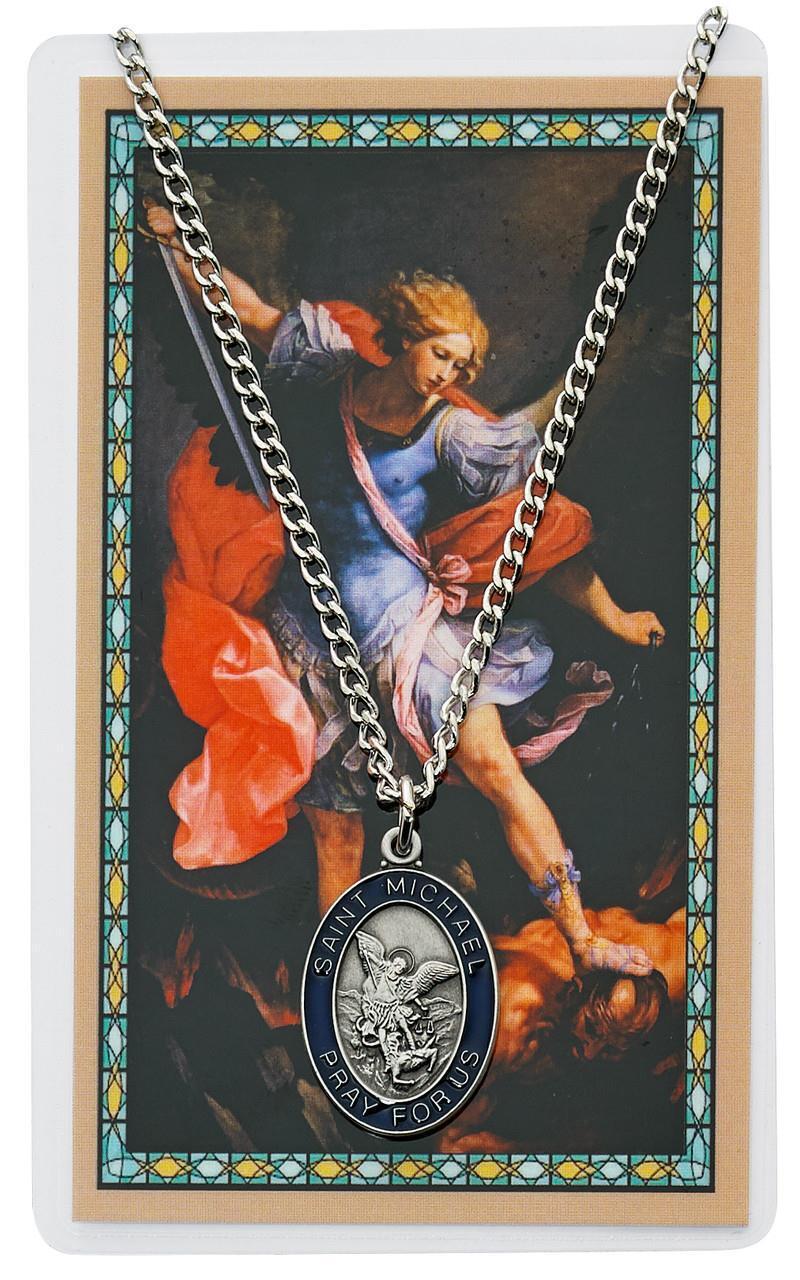 St Michael Stylish Pewter Medal with 24in Chain and Laminated Holy Card Set