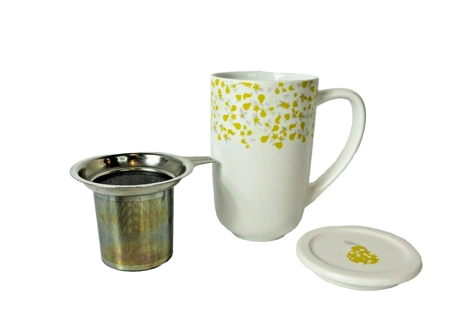 David's Davids Tea Mug Nordic White Yellow Flowers Pear With Infuser and Lid 