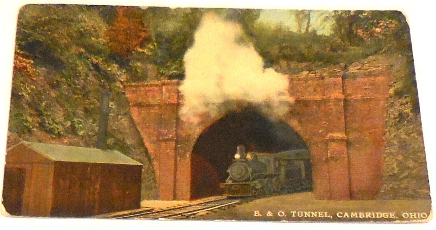 1913 Postmarked B & O Tunnel Cambridge Ohio Postcard Train Railroad