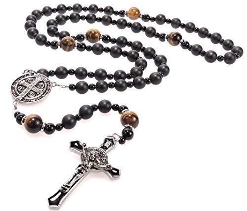 St Benedict Black Rosary Beads Catholic – Rugged Onyx Rosary – Handcrafted St...