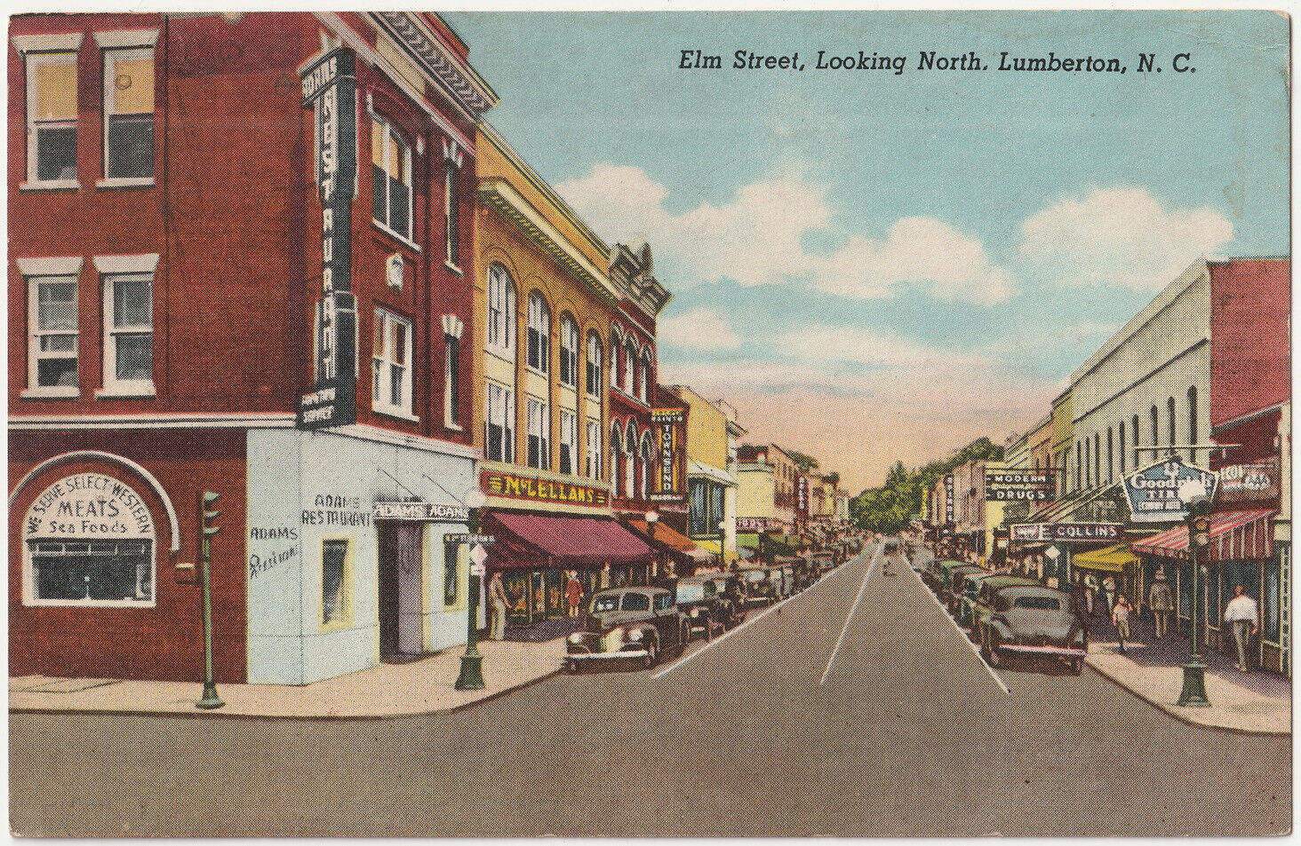 c1930s Elm Street Downtown Adams Restaurant Stores Lumberton North NC Postcard