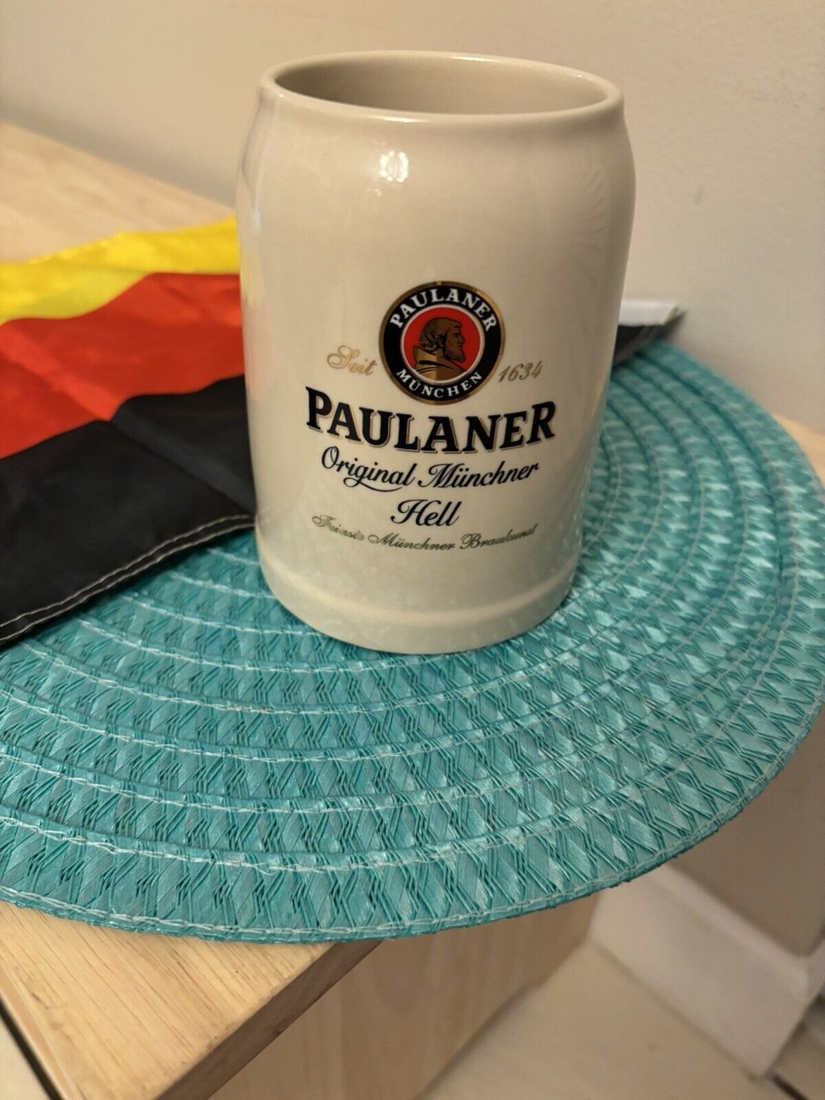 Paulaner munchen mug W/ Unique Handle, Comes With German Flag, 5 Inches Tall.