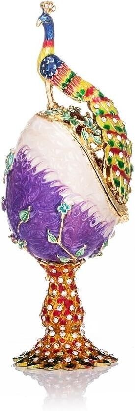 Vintage Purple Peacock Faberge Egg Style Trinket Box Hinged Unique Gift Family