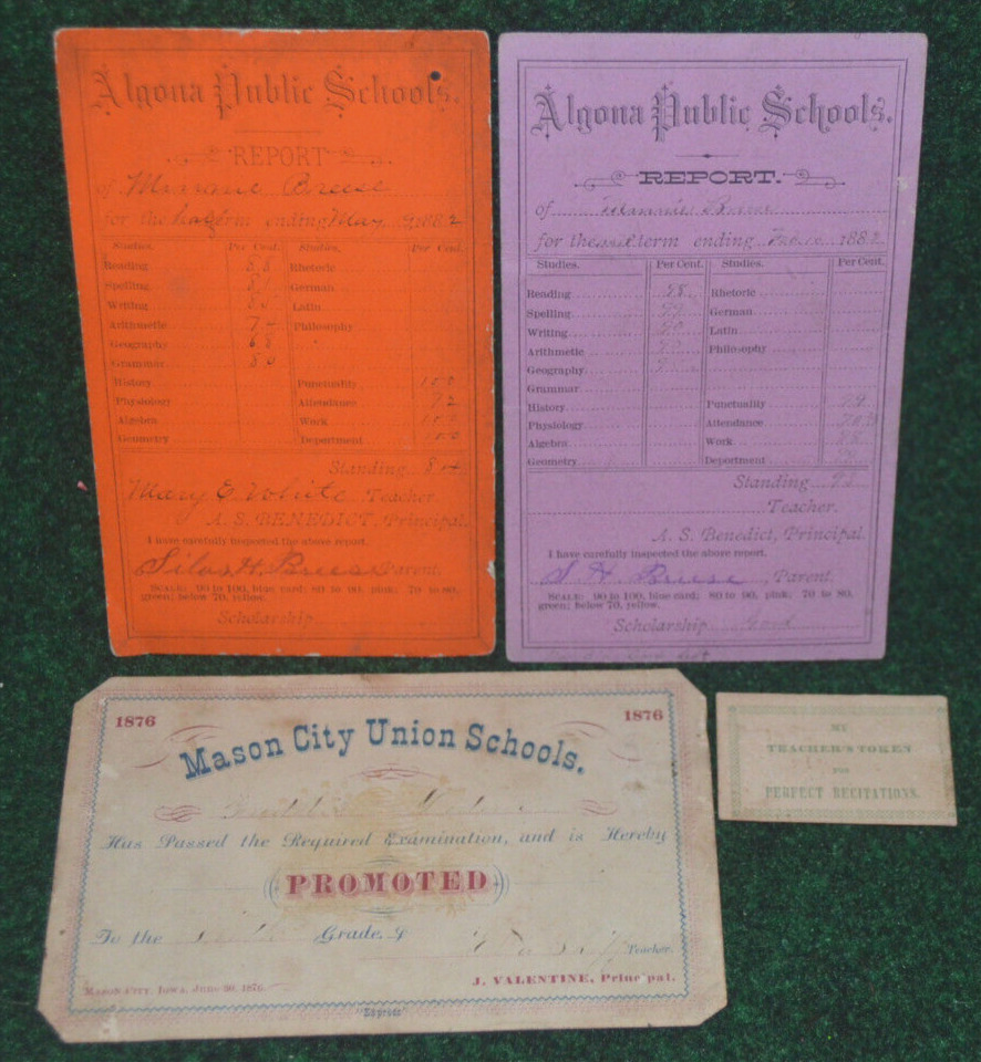 1882 Antique 2- Collectible School REPORT Cards 1876 PROMOTED + Teachers Token