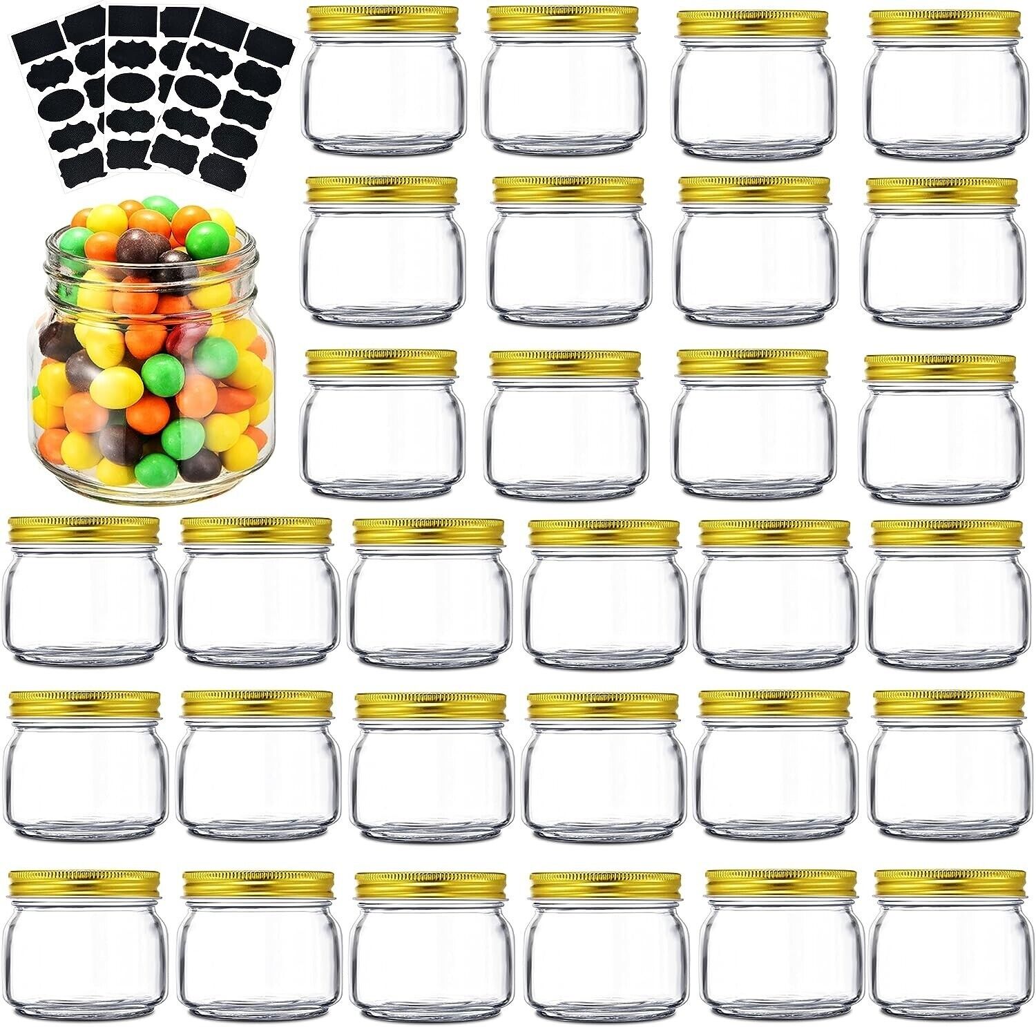 Mason Jars 8 oz - 30 Pack with Gold Lids for Canning - L6.81 & L8.5