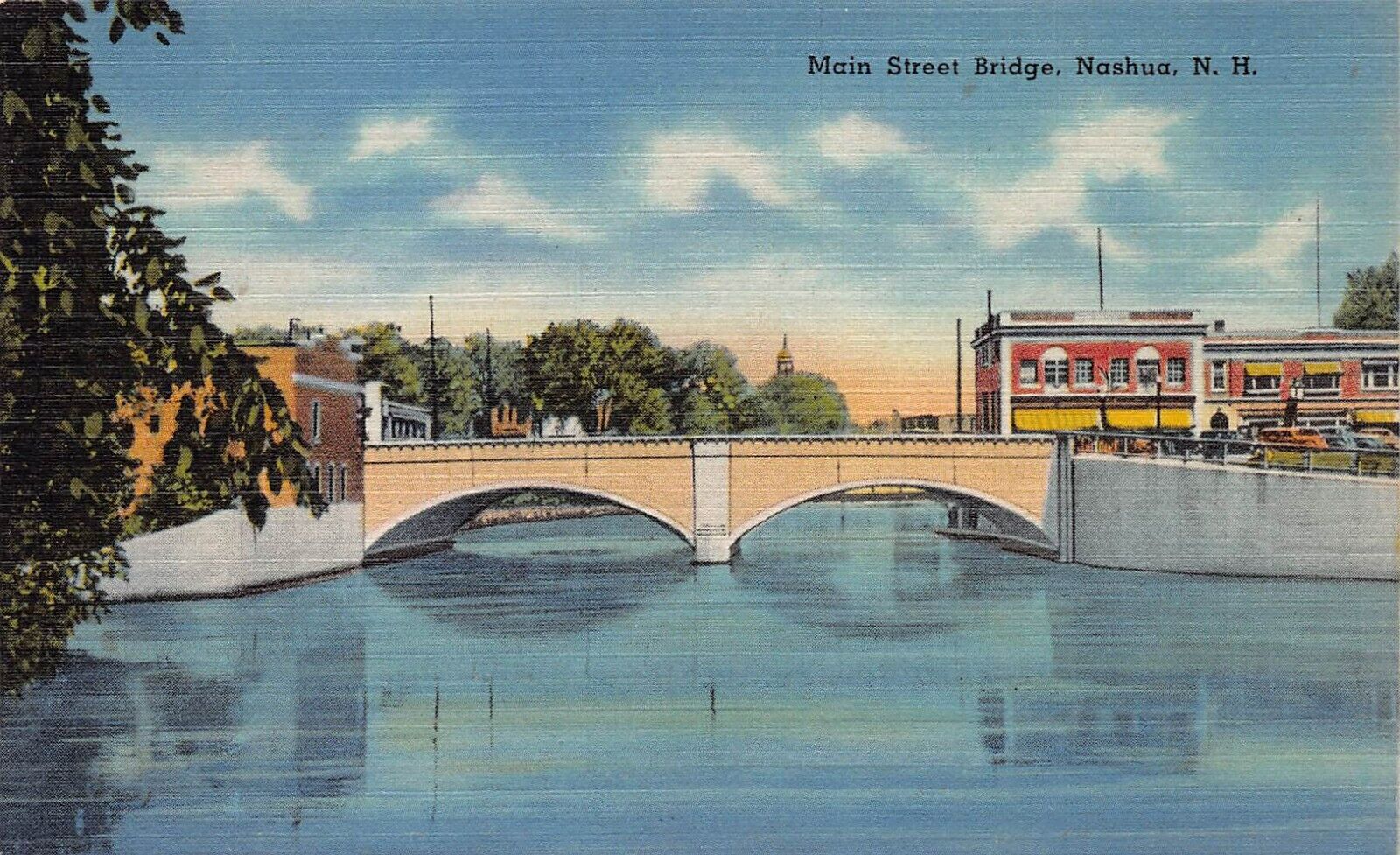 Nashua NH New Hampshire Main Street Bridge Linen Downtown 1940s Vtg Postcard N7