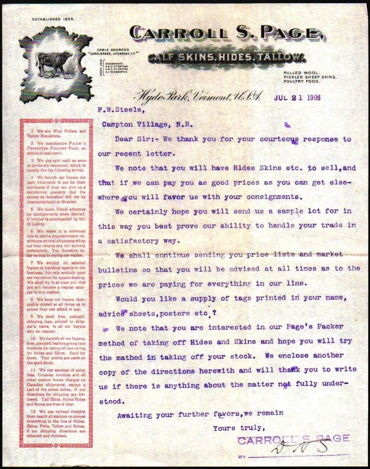 Carroll S Page - 1906 Hyde Park Vt - Calf Skins Hides Tallow - Letter Head Bill
