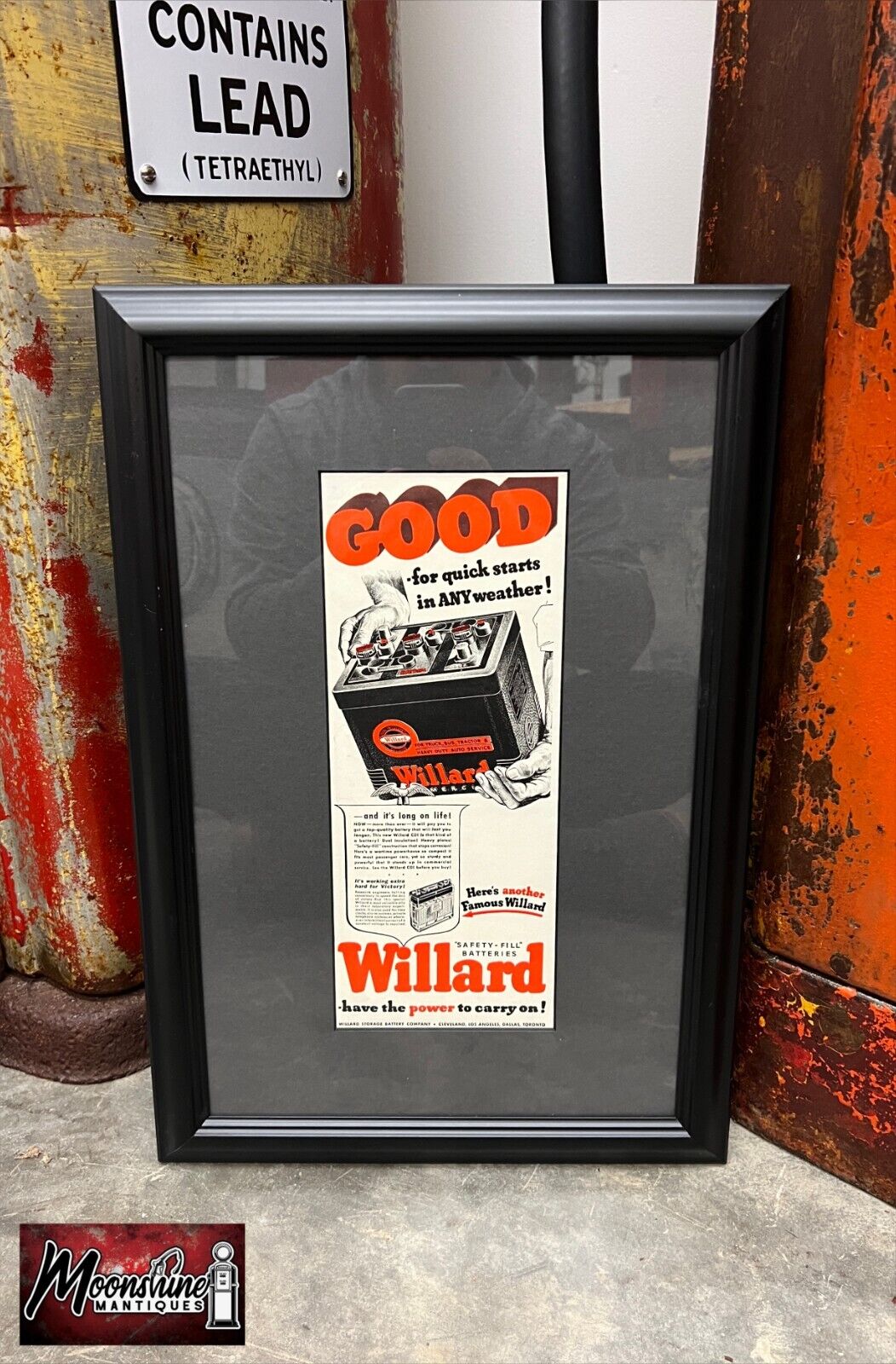 1942 WILLARD BATTERIES Professionally Framed Print Ad - Gas & Oil Sign