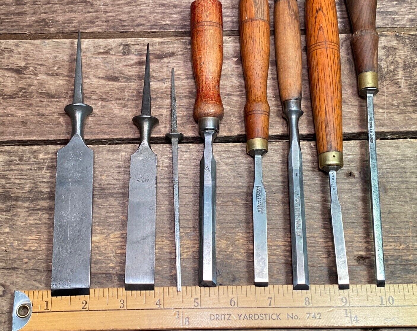Lot of 8 Vintage/Antique 1/2 Tang Chisels Various Makers & Sizes All Sharpened