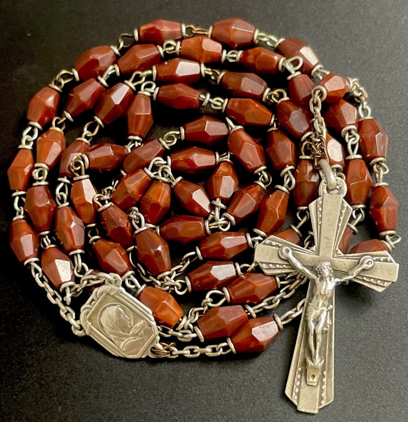 Vintage Polished Jasper Stone Rosary, Silver Hallmark Center & Crucifix, France