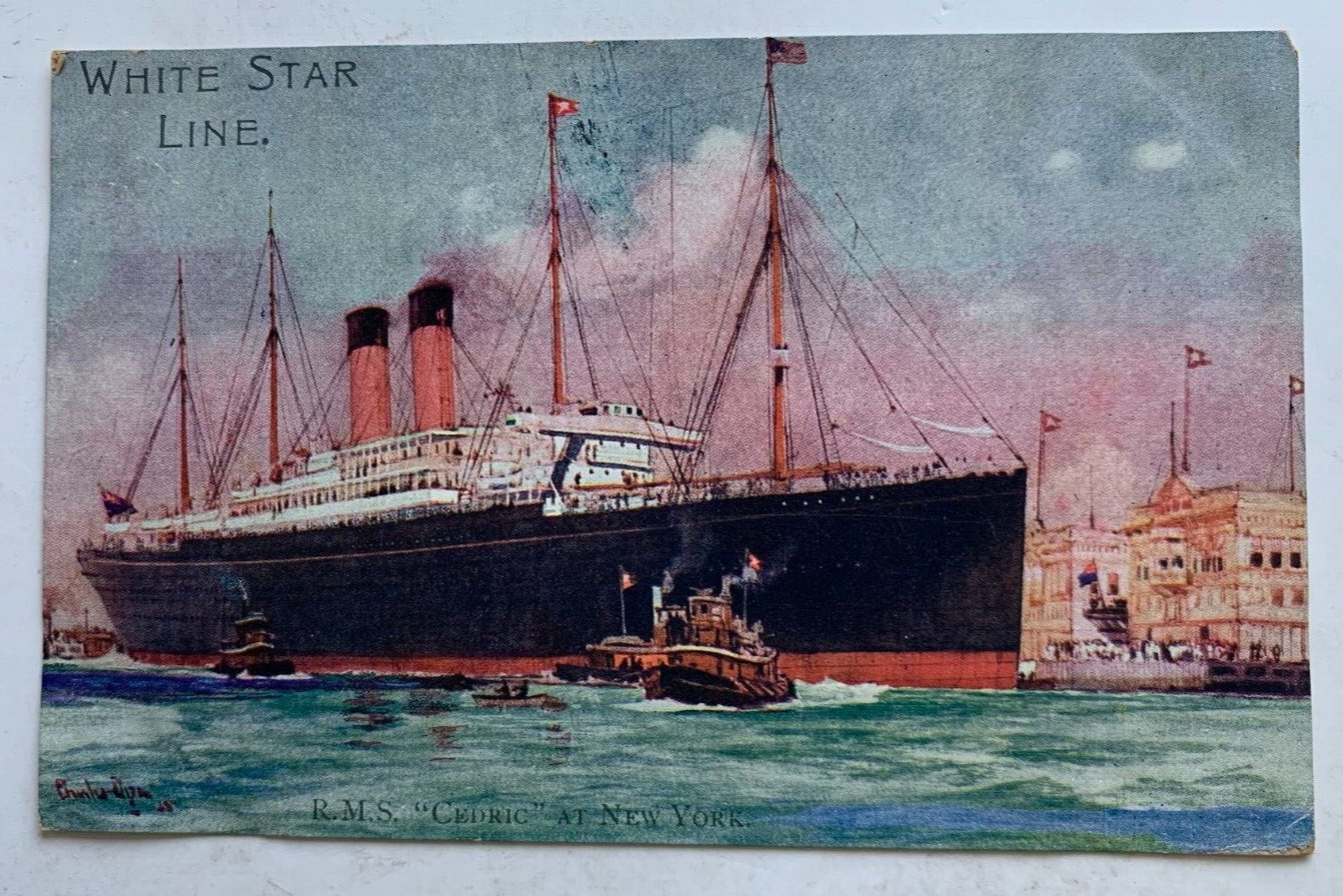 1910 Ship Postcard White Star Line RMS Cedric at New York steamer artist C Dixon