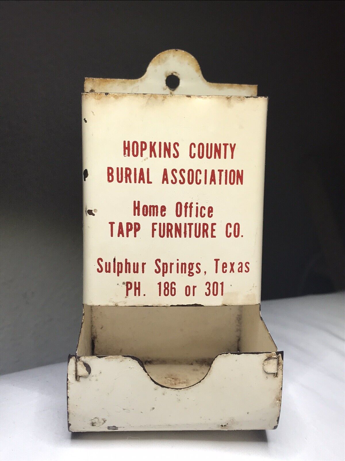 Vintage Tin Metal Match Box Holder ~ Hopkins County Burial Sulphur Springs TX