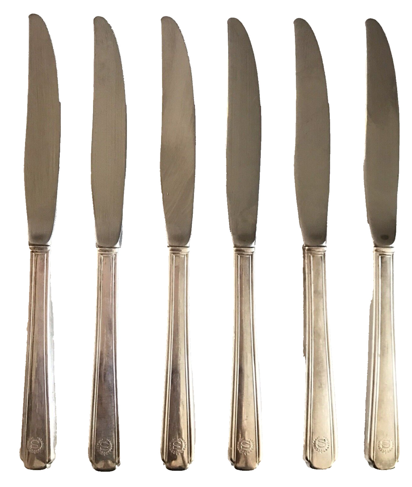 Vintage Set of 6 SHERATON HOTEL SILVERPLATE DINNER KNIFE KNIVES Engraved 'S'