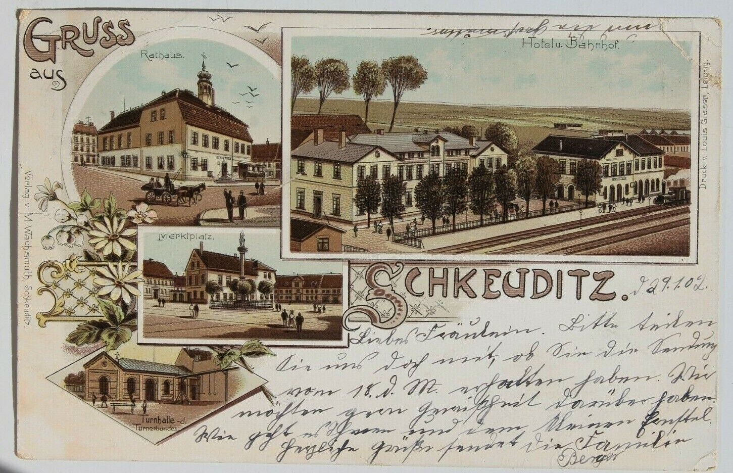 33928 Litho Ak Schkeuditz Railway Station Hotel Market Gym Town Hall 1902 At
