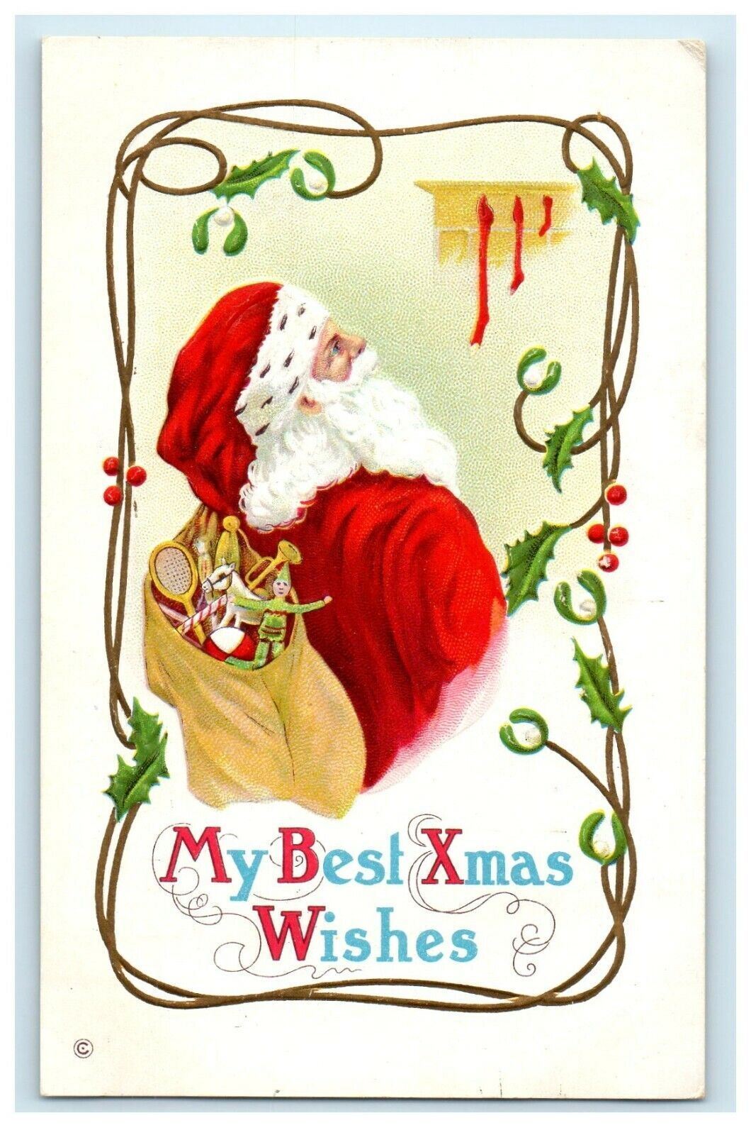 c1910 Christmas Holly Santa Claus Toys Sack Embossed Antique Postcard