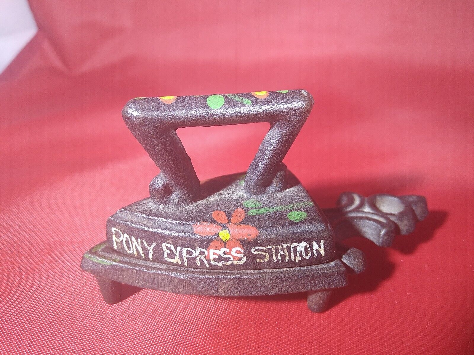 Vintage Mini Cast Iron With Trivet Painted Flowers & Pony Express On Side