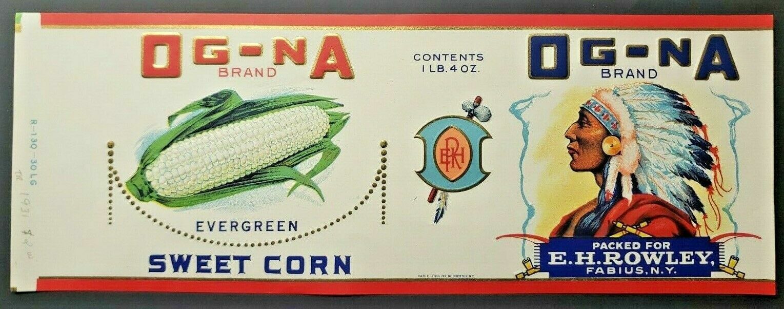Vintage OG-NA  Brand Sweet Corn Beans E.H. Rowley Fabius, NY 1940s Can Label Z2