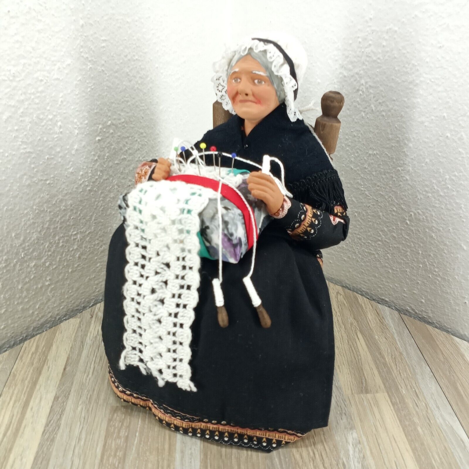 French Vintage Lace Maker Old Lady Figurine Santon de Provence Clay Dolls