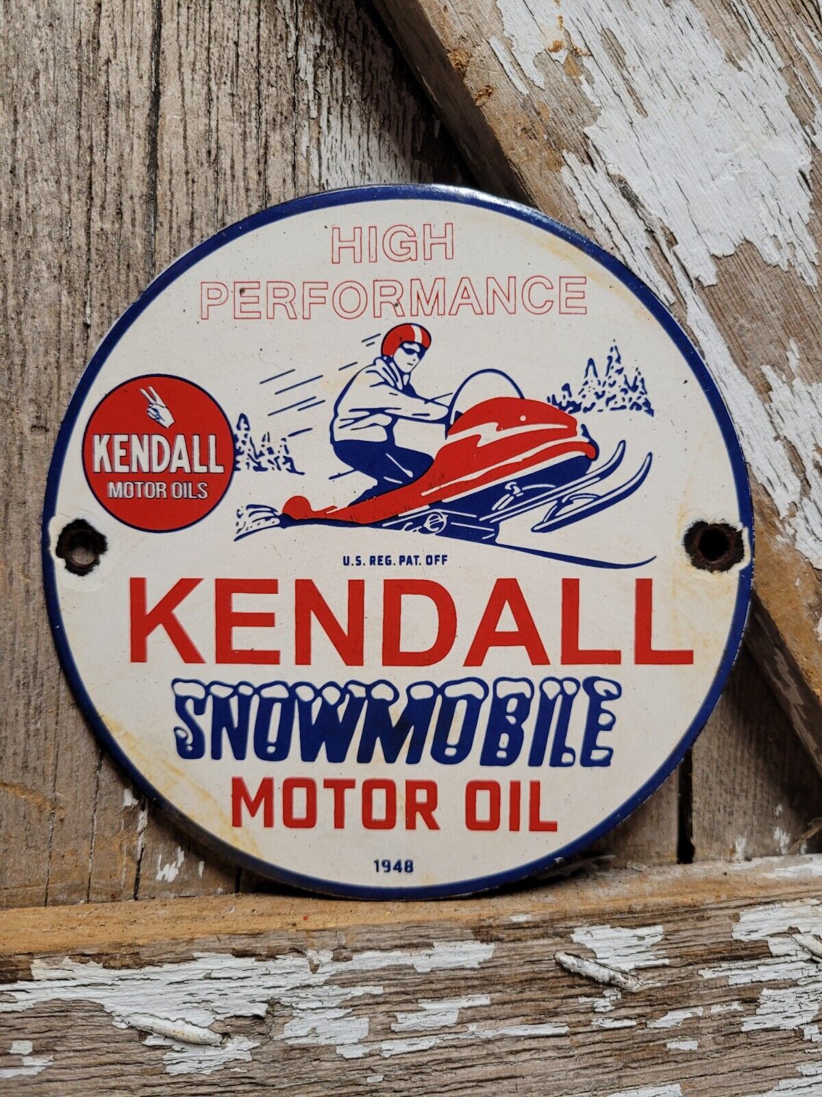 VINTAGE 1948 KENDALL PORCELAIN SIGN SNOWMOBILE GAS MOTOR OIL LUBRICANTS 6\