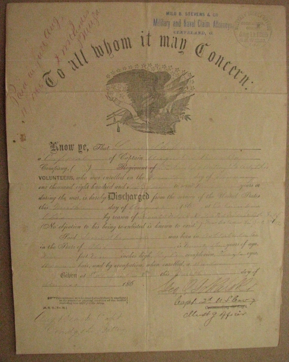 CIVIL WAR POLISH AMERICAN US CAVALRY NOTABLE SIGNED DISCHARGE LOUISIANA