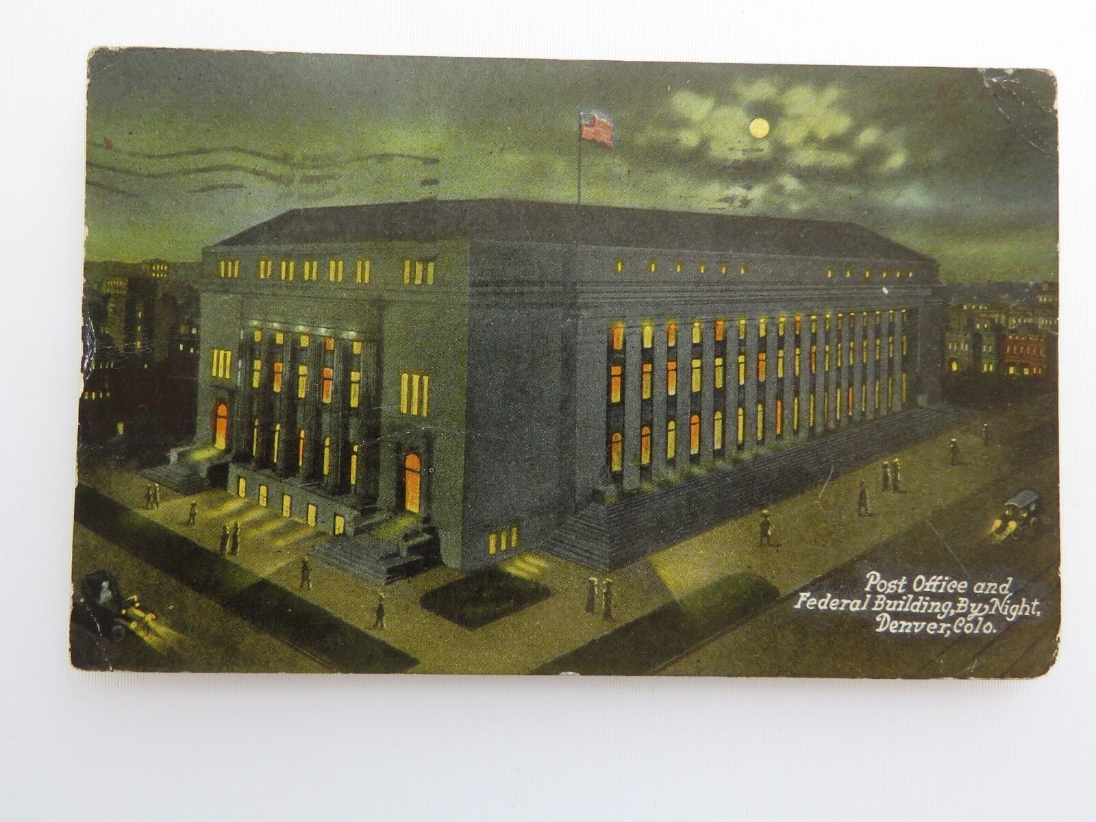 1916 Antique Postcard Denver CO Federal Building Nighttime #8976