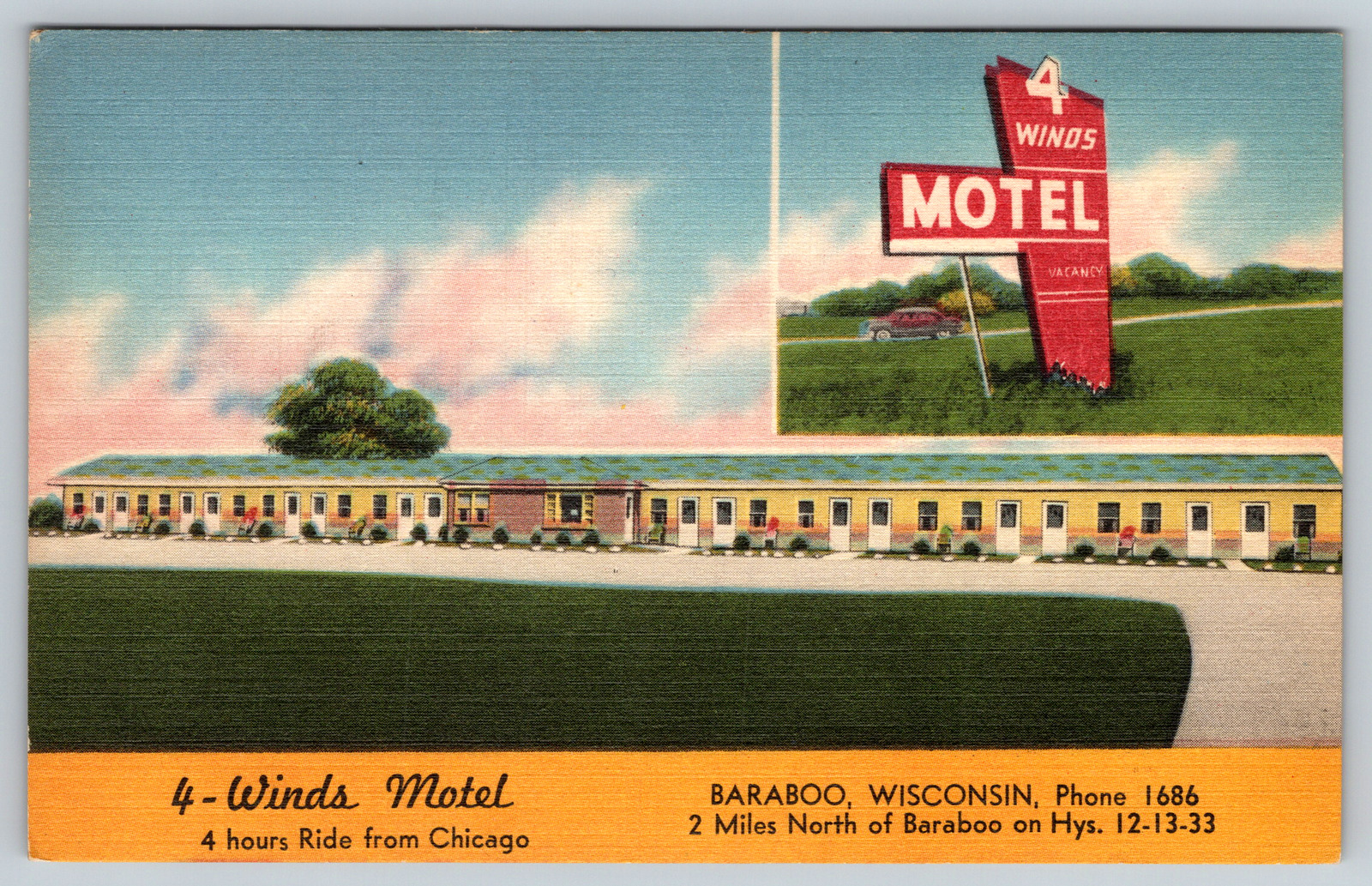 c1940s Linen Winds Motel Baraboo Wisconsin Postcard