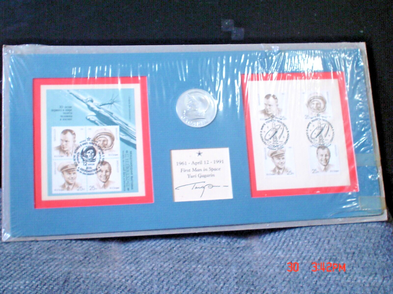 Signed YURI GAGARIN 1961-1991 *First Man in Space* w/Medallion & (8) Stamps NrMt