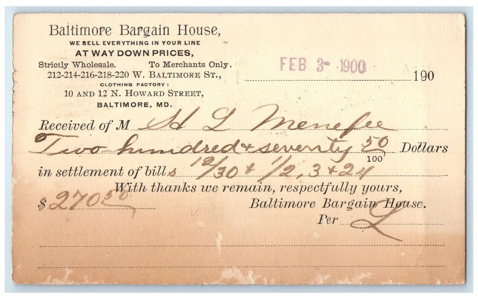 1900 Baltimore Bargain House Baltimore MD Sperryville VA Postal Card