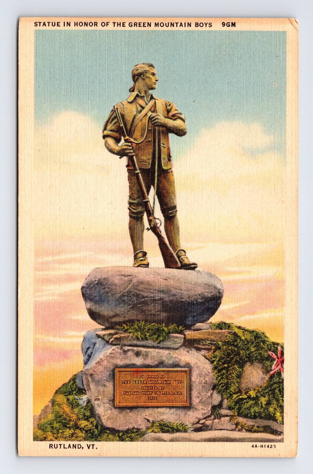 c1934 Linen Postcard Rutland VT Vermont Green Mountain Boys Statue Monument