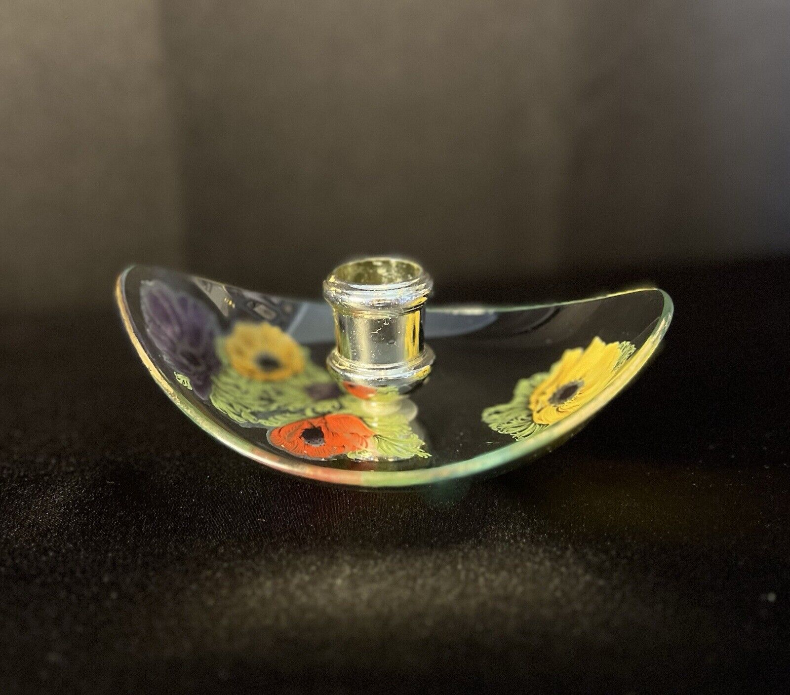 Vintage Curved Glass Floral Oval Candlestick Holder