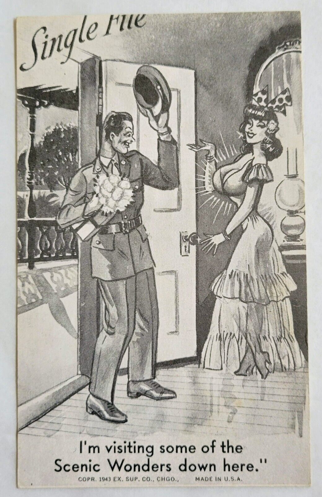 1943 Arcade Trading Card , Army & Pretty Girl Humor WWII Single File \'Wonders\'