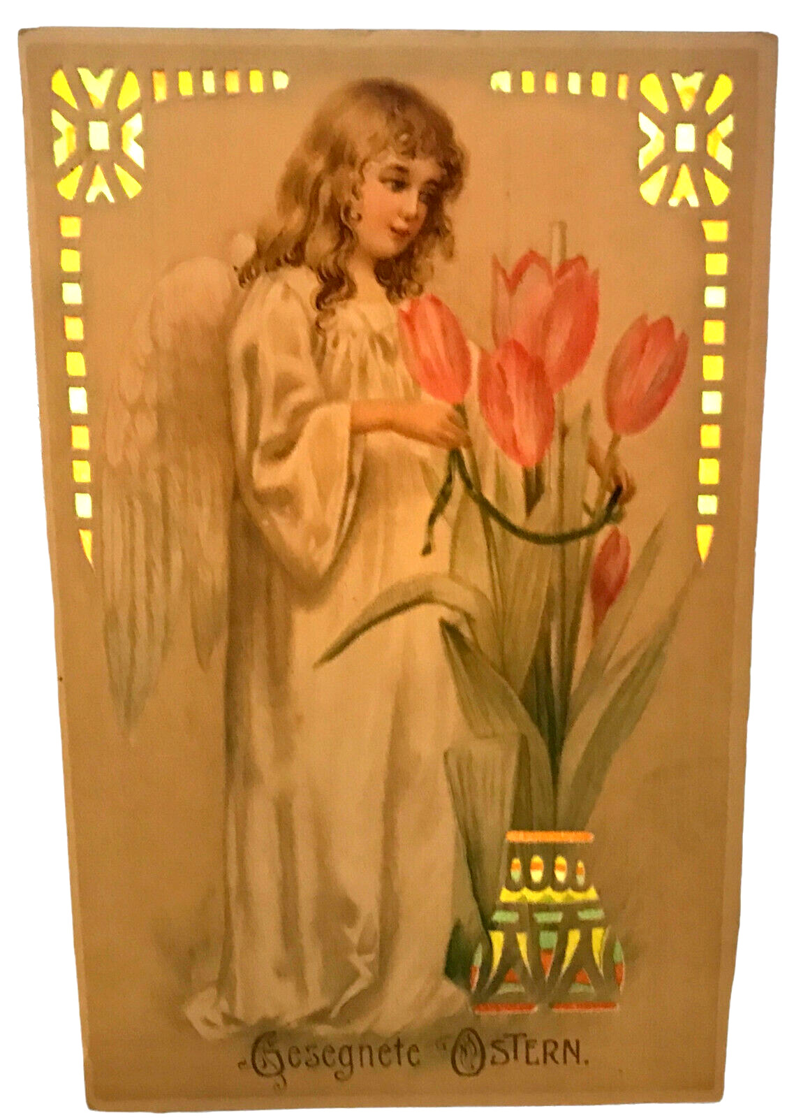 Vtg HOLD-TO-LIGHT Easter Angel Tulips German PC HTL UDB Unused RARE c1906