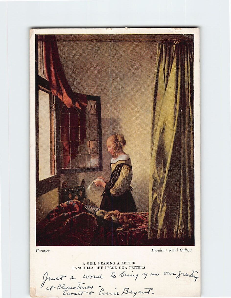Postcard A Girl Reading a Letter at an Open Window Painting by Johannes Vermeer