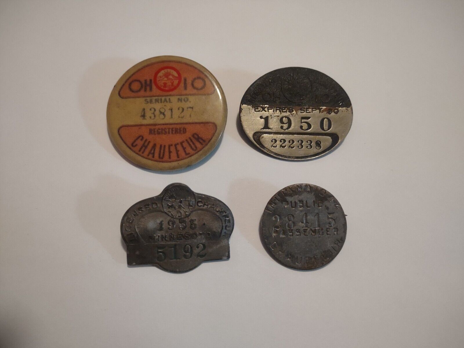 Lot of 4 Chauffeur Badges Ohio 1950 Minnesota 1935 Indiana 1944 Pinback Antique