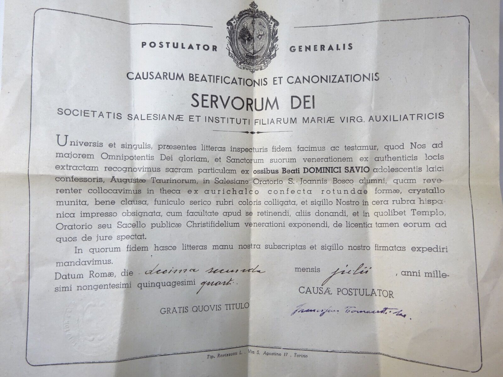 ✝ Reliquary Relic St. Dominic Savio + Document